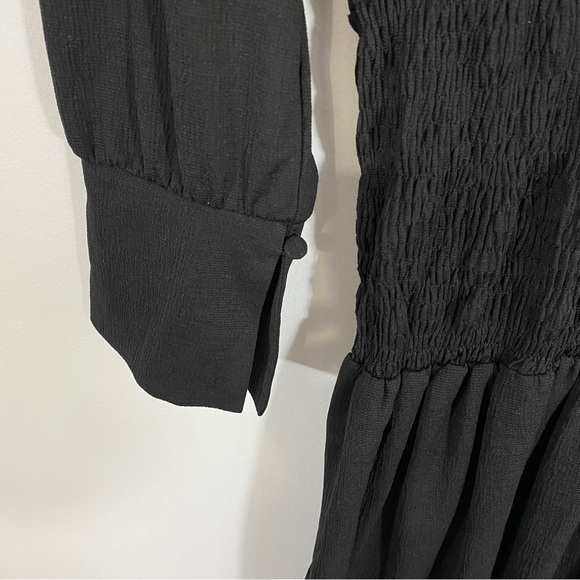 Zara Small Black Smocked Waist Long Sleeve Collared Midi Dress - Picture 5 of 11